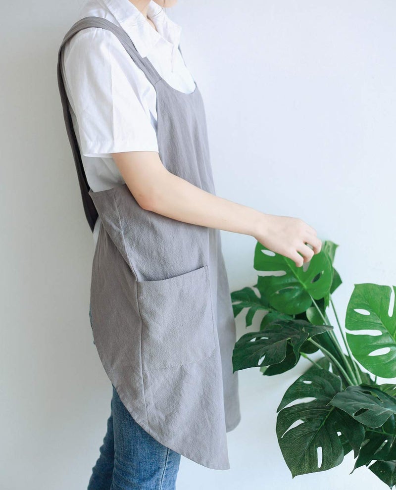 losofar Soft Cotton Linen Apron Cross Back X-Shaped Japanese Style Pinafore Dress for Cooking, Housewarming, Daily Chores (grey, (28.3"x 35.4")) - Image 3